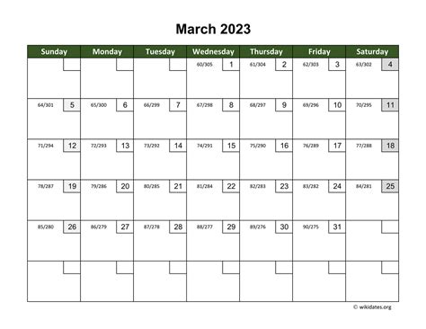 March 2023 Calendar with Day Numbers | WikiDates.org