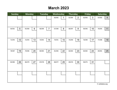 March 2023 Calendar With Day Numbers