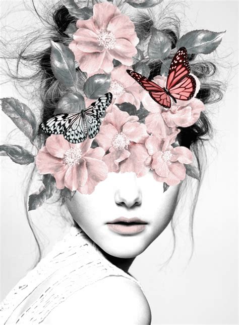so pretty woman with flowers 10 girl portrait butterflies mixed media collage art print