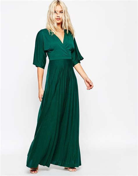 Asos Maxi Dress With Pleated Hem And Kimono Sleeve In Green Lyst