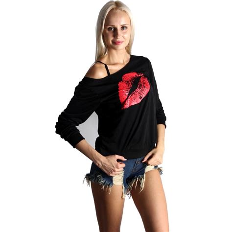 newest women t shirt sexy lips pattern knitted shirt long sleeve oblique shoulder printed t