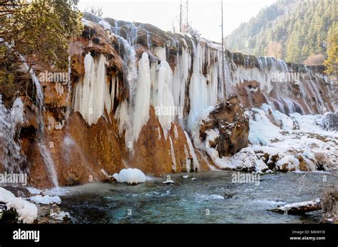Frozen Water Fall In Spring Season Jiuzhaigou China Stock Photo Alamy