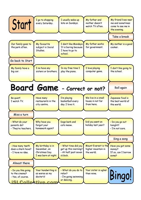 Board Game Correct Or Not Elementary Pre Intermediate With