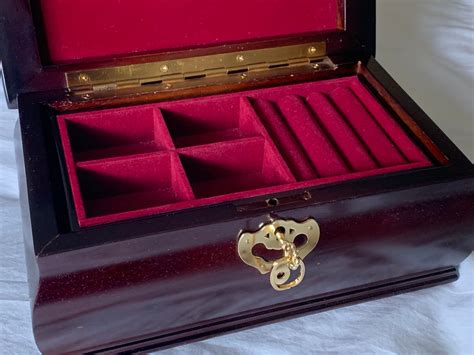 Vintage Solid Wood Fancy Jewelry Box Key Lock Movable Tray Brass