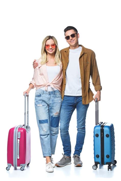 Happy Travelling Couple With Suitcases Looking At Camera Stock Image Image Of Summer