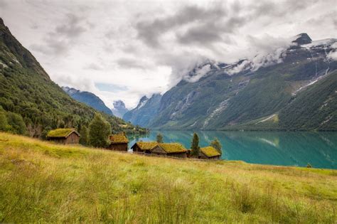 Hd Norway Lake Mountains Huts Landscape House Desktop Images Wallpaper