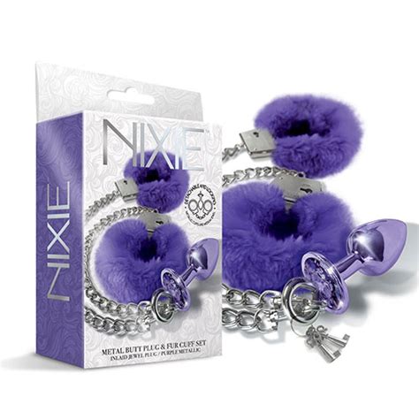 Nixie Metal Butt Plug With Furry Handcuff Set Purple Sex Toys