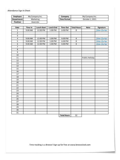 Free attendance sheet template