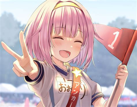 Safebooru 1girl Blurry Background Closed Eyes Flag Gym Uniform Peace Sign Pink Hair Project