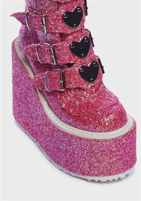 Demonia Swing 230 Heart Buckle Platform Boots Pink Glitter Dolls Kill