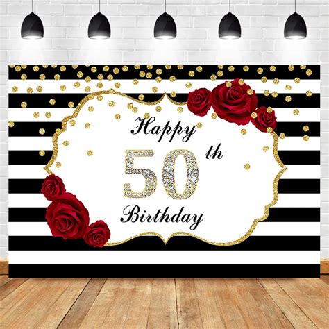 Happy 50th Birthday Backdrop Red Rose Flower Black And White Stripes