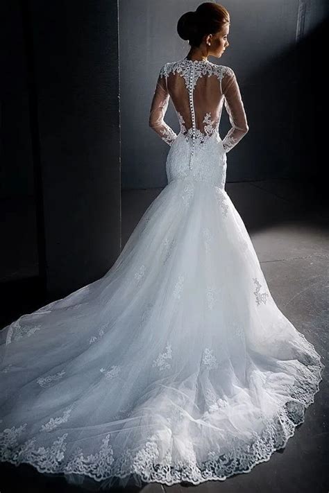 fashionable long sleeve mermaid wedding dresses 2016 new elegant lace high neck see through back