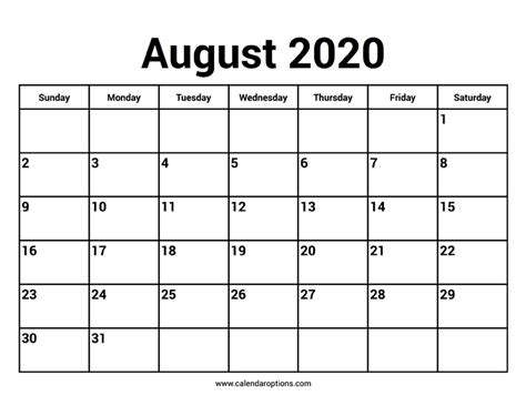 August 2020 Calendars Calendar Options