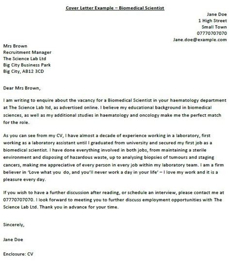 What is a perfect cover letter? Biomedical Scientist Cover Letter Example - icover.org.uk