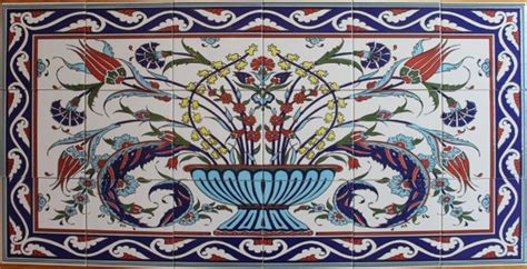 Hand Painted Iznik Tulip Pattern Turkish Tile Mural Panel Anatolian