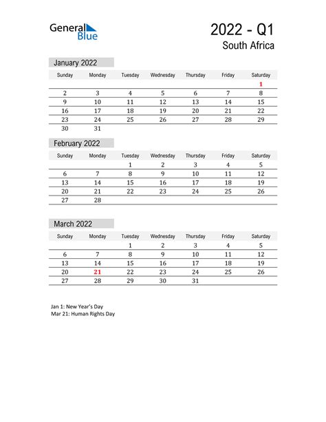 Q1 2022 Quarterly Calendar With South Africa Holidays