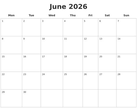 June 2026 Blank Calendar Pages