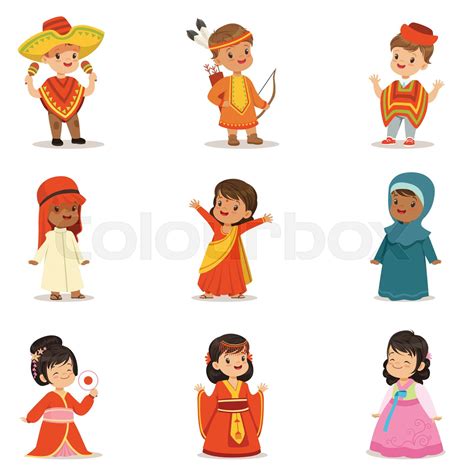 Kids Wearing National Costumes Of Different Countries Collection Of