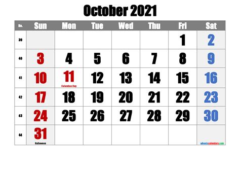 October 2021 Printable Calendar With Holidays