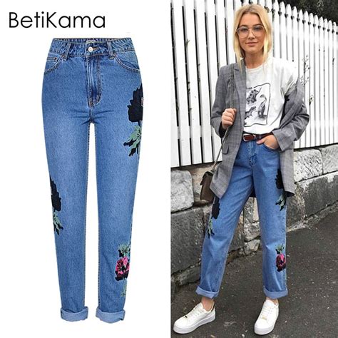 Betikama 2017 Casual Embroidered Jeans Woman Loose Straight Trousers