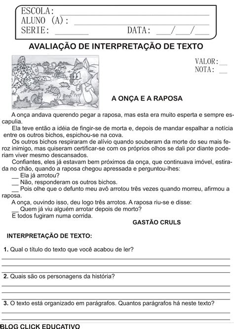 Avaliação De Português 3 Ano Interpretação De Texto E Gramática