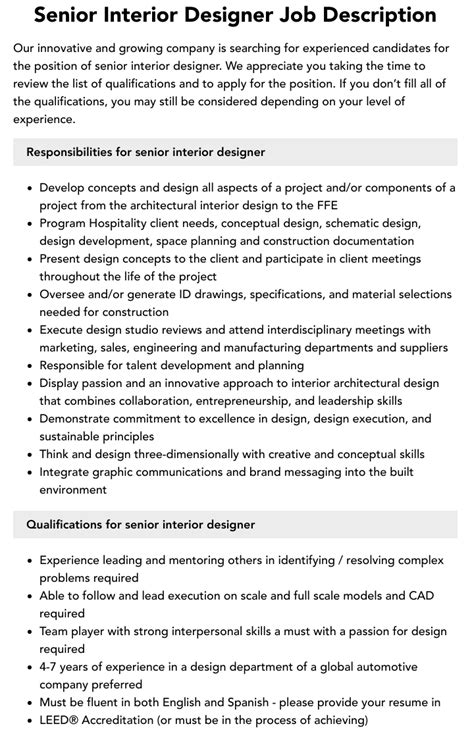 Senior Interior Designer Job Description Velvet Jobs
