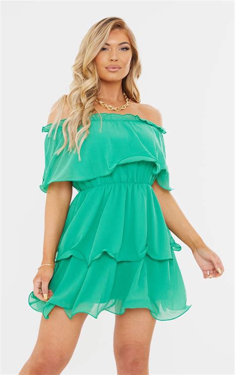 Bright Green Chiffon Bardot Ruffle Tiered Dress Prettylittlething Ca