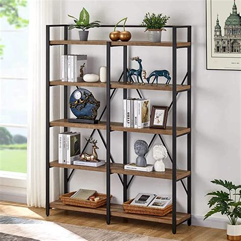 Fatorri Bookshelf Industrial 5 Tier Rustic Wood Etagere Bookcase