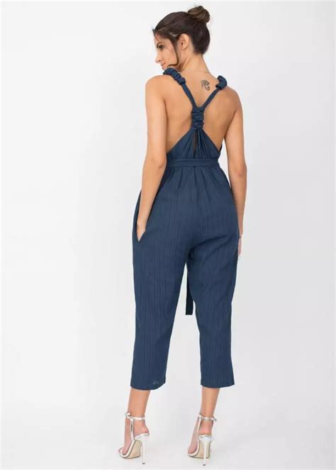 Racer Back Cropped Summer Jumpsuit Cotton Blue Likemary