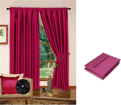 Fuschia Pink Luxury Faux Silk Curtains Fully Lined With Tiebacks