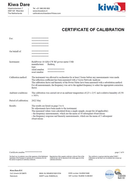 Iso17025 Accredited Rva Calibration Certificate For Radisense 10 Ghz