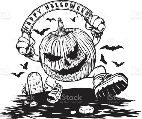 Scary Halloween Pumpkin Head With Outline Shape Stock Illustration