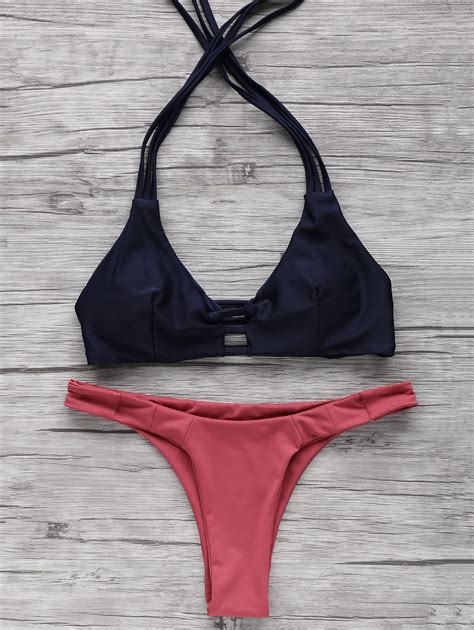 16 99 color block halter elastic bikini set purplish blue m bikinis bikini set swimsuits