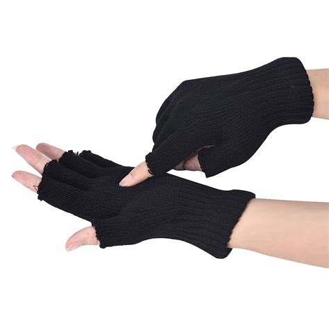 Men Black Knitted Stretch Elastic Warm Half Finger Fingerless Gloves In