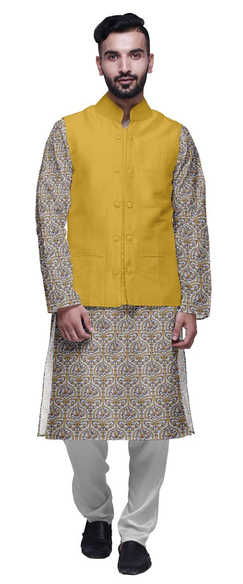 Atasi Mens Kurta Pajama Jacket Indian Mandarin Collar Printed Ethnic