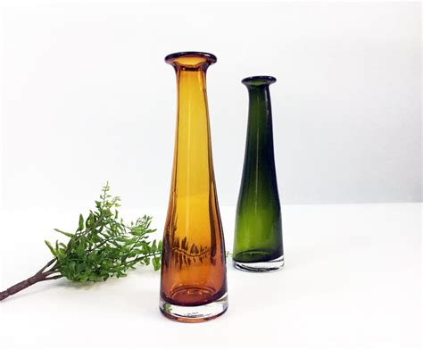 Tall Glass Vases Vintage Green And Yellow Amber Hand Blown Retro Mid Century Hand Blown