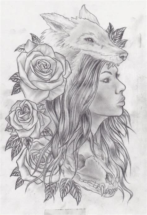Wolf Girl With Skull And Roses By Slabzzz On Deviantart Wolf Girl