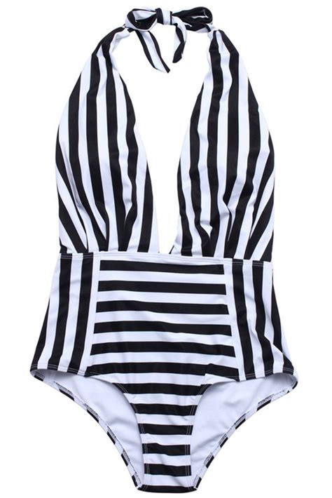 A288 Black And White Striped Deep Plunge Backless Halter One Piece