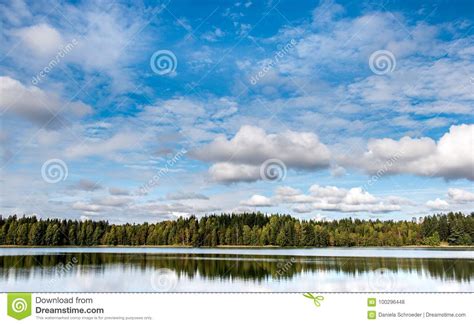 September Norway Forest Reflection In A Lake With Blue Sky And Cotton