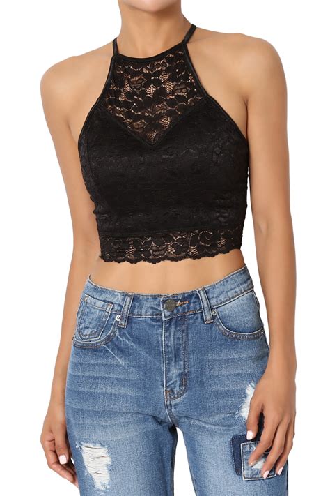 TheMogan TheMogan Junior S Halter High Neck Stretch Lace Crop Tank Top With Strappy Open Back