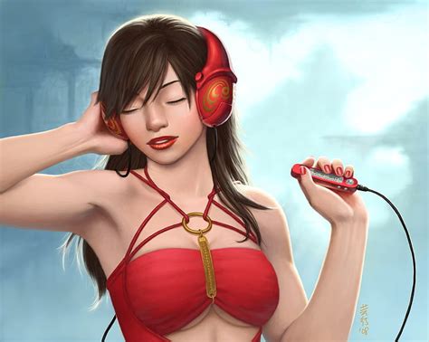 Woman Wearing Red Headphones Illustration Girl Music Figure
