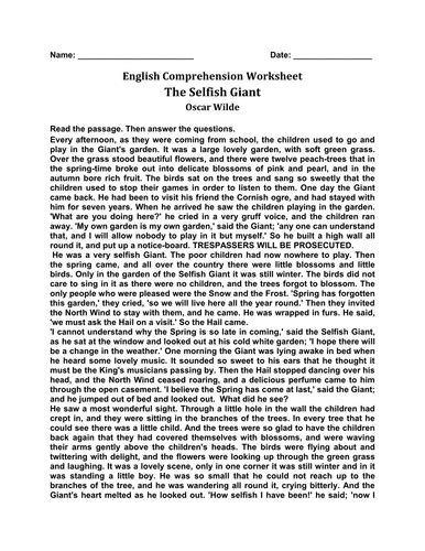 The Selfish Giant English Comprehension Worksheet Teaching Resources
