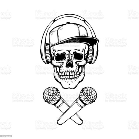 Vector Skull In Headphones Cap Crossed Microphones Stock Illustration
