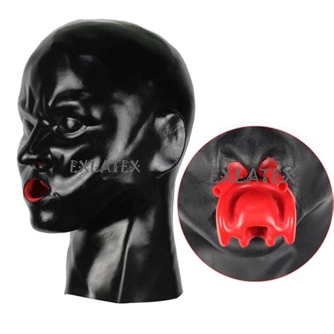 Latex Mask Fetish Unisex Rubber Hood Sm Mask Anatomical Heavy Mask Lined With Red Mouth Sheath