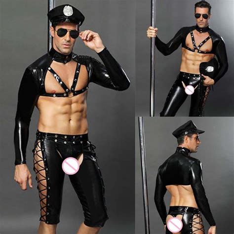 Adult Sexy Patent Leather Police Uniform Men Sexy Lingerie 3 Piece Set