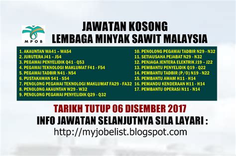 Tarikh tutup 11 mei 2011. Jawatan Kosong di Lembaga Minyak Sawit Malaysia (MPOB ...