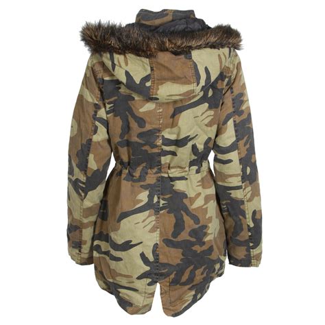 New Womens Camo Camouflage Parka Winter Coat Jacket Fur Trim Hood Army