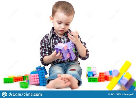 Baby Boy Playing With Blocks Toys Isolated On White Background Stock
