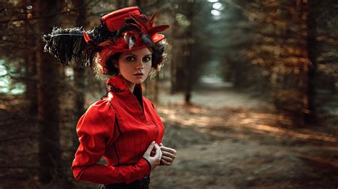 Wallpaper Women Model Red Hat Dress Clothing Autumn Darkness Screenshot 2048x1151