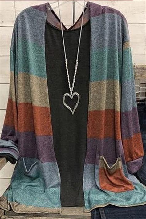 color block stripe casual long sleeves cardigan curvedream